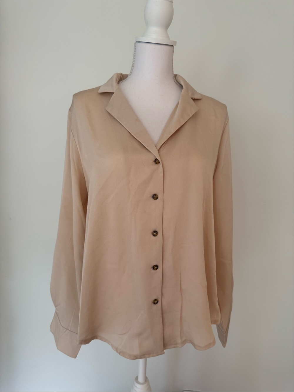Beige Long-Sleeve Button-Down Blouse